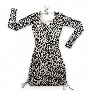 Guess Sexy Cut Out Sleeves Ruched Drawstring Side Knit Leopard mini Dress small